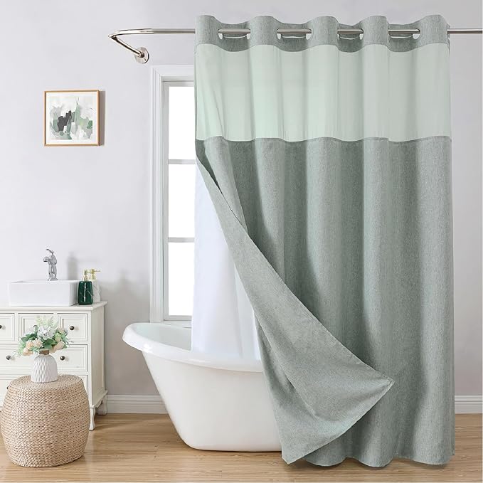 No Hooks Needed Linen Textured Shower Curtain with Snap-in Fabric Liner Set,Sage Green Hotel Luxury Decor Shower Curtains for Bathroom,Water Repellent & Washable,71Wx77H