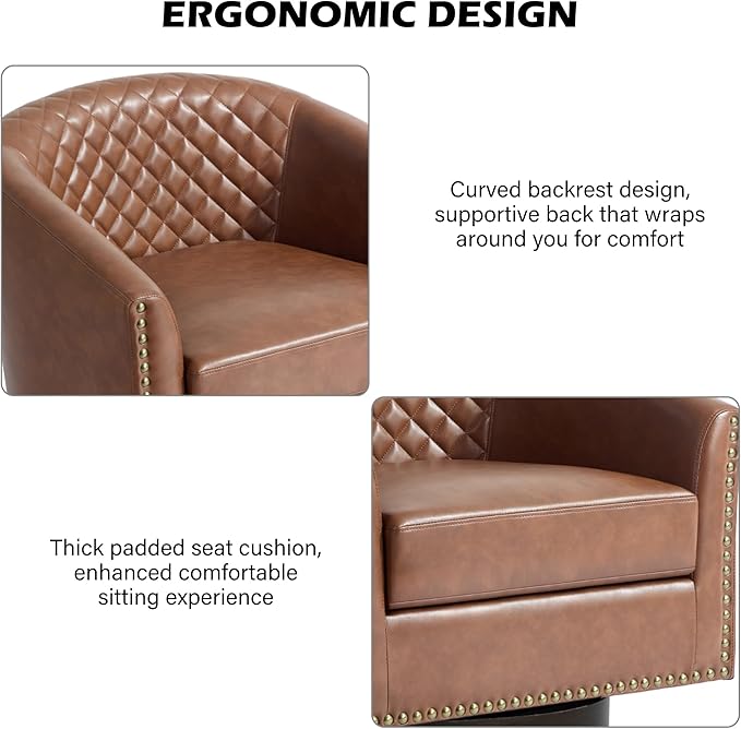 Swivel Barrel Accent Chair, Comfy Modern Upholstered Round Faux Leather Arm Chair for Living Room, Bedroom（Brown, Set of 1