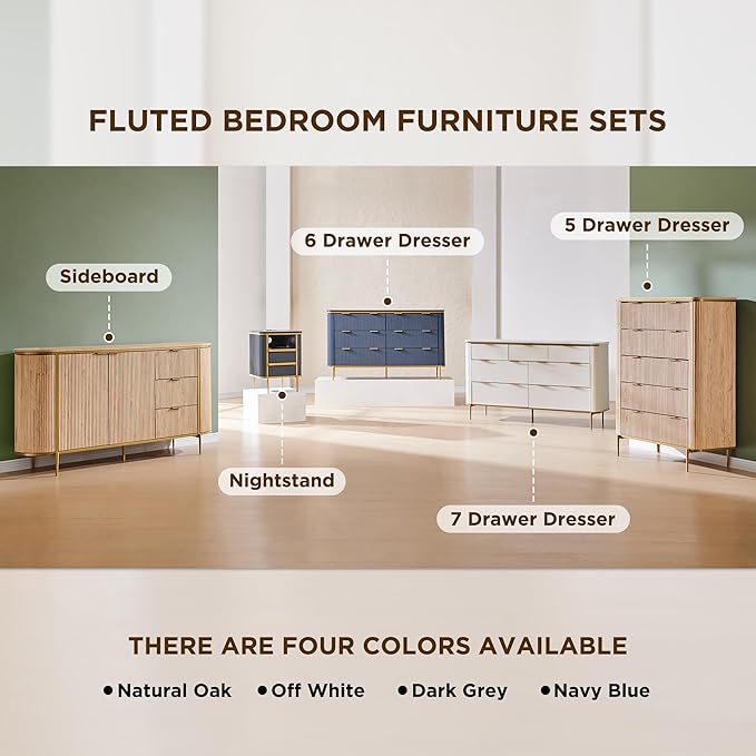 T4TREAM Fluted 5 Drawers Dresser for Bedroom, 48" Tall Modern Dresser Chest of Drawers, Gold Accents, Fluted Fronts, Wood Storage Dressers Organizer for Bedroom, Living Room, Dark Grey