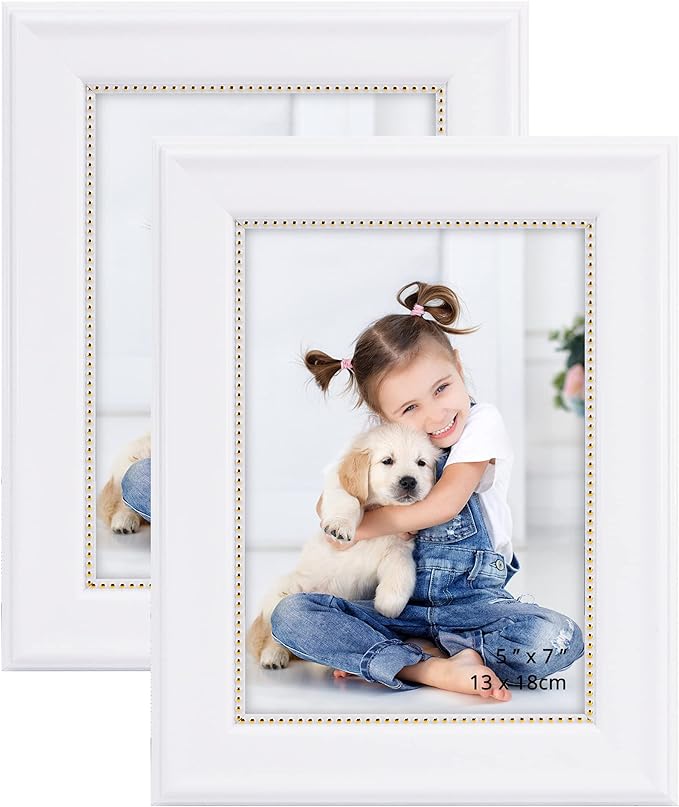 GraduationMall 5x7 Picture Frames, Real Glass, Display Photos for Wall or Tabletop, White with Gold Beads, 2-Pack