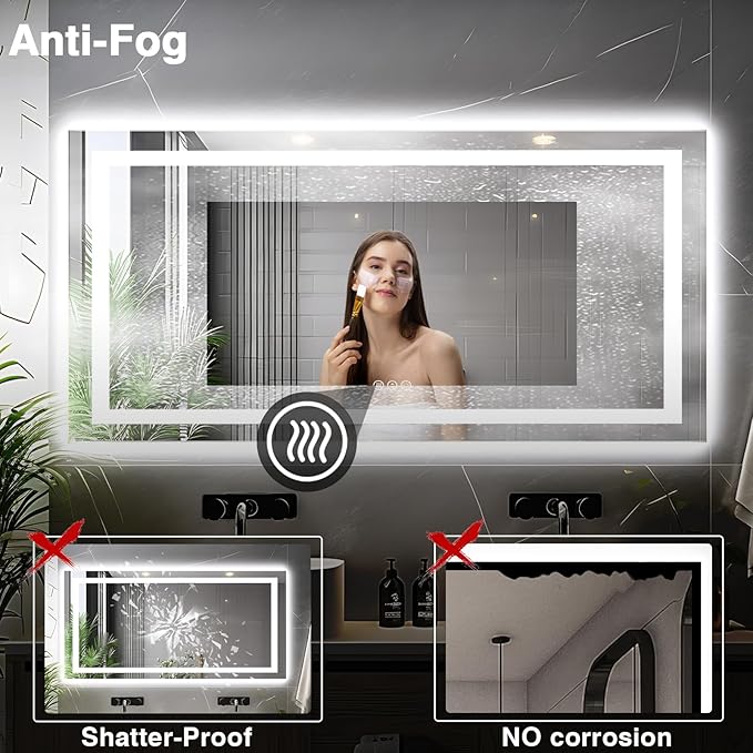 72"x36" Bathroom Mirror with Lights (Front and Backlit), Anti-Fog LED Lighted Bathroom Mirror, Stepless Dimmable Vanity Mirror, 3 Colors Smart Mirror (Horizontal/Vertical)