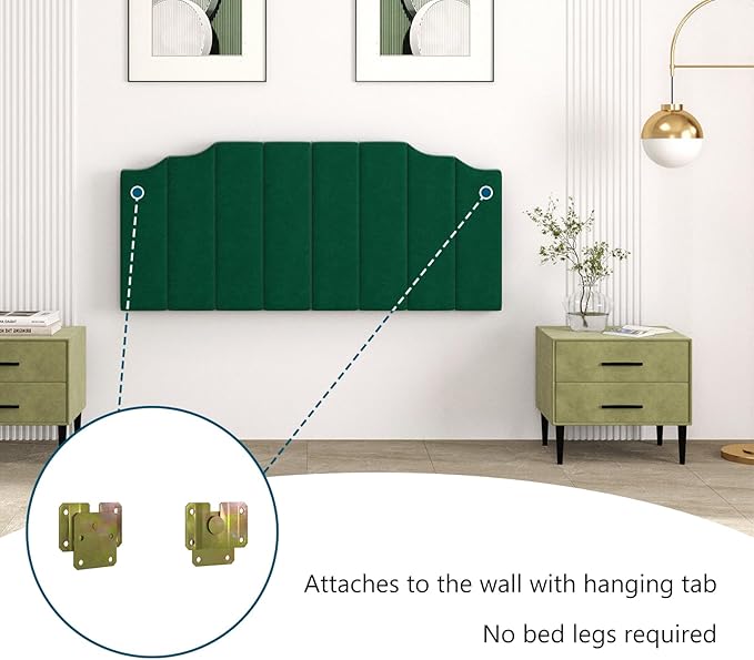 Queen Size Headboard Only, Velvet Wall Mounted Headboard Queen/Full Size for Adjustable Bed, Modern Vertical Channel Design with Curved Tufted Upholstered Head Board, Jade Green
