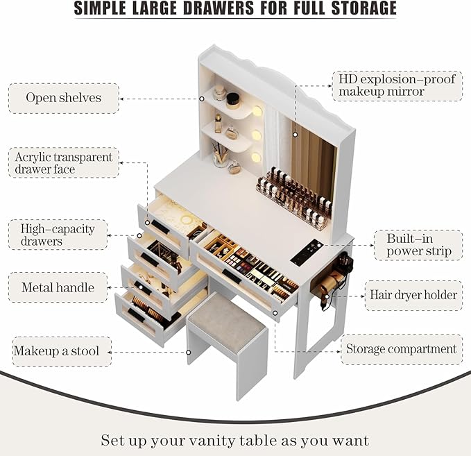 HWB Makeup Vanity Desk with Mirror and Lights,Vanity Table with 5 Drawers&2 Shelves,Vanity Set for Bedroom,Dressing Table with 10 Light Bulbs,Desk Vanity with USB Port&Human Sensor Design,White