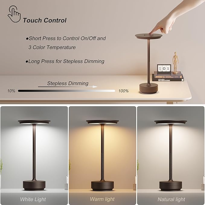 Rechargeable Table Lamps Cordless, Portable 5000mAh Outdoor Table Light, 3 Color Stepless Dimming LED Table Lamp with Memory Function, for Home/Dinner/Patio/Restaurant.(Brown)