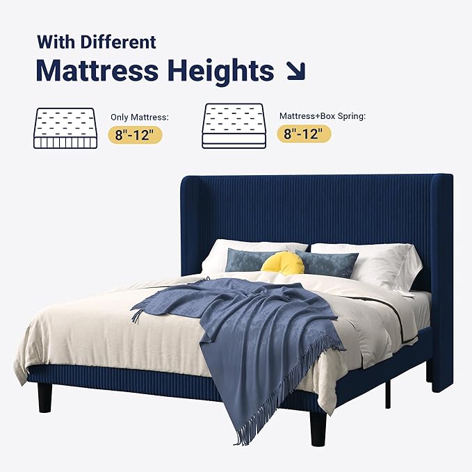 Allewie Queen Size Bed Frame with Upholstered Wingback Headboard, Vertical Channel Tufted Corduroy Velvet Platform Bed, Strong Wooden Slats Support, No Box Spring Needed, Easy Assembly, Dark Blue