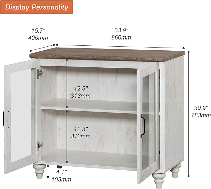 WAMPAT Farmhouse TV Stand for TVs Up to 43 inch, Glass Wood Universal TV Stand with a Large Storage Cabinets, Entertainment Center, TV Console Table for Living Room, Bedroom, Rustic White