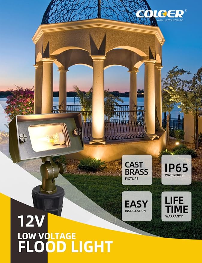 COLOER Brass Small Rectangular Flood Lights Outdoor 12 Pack with 2W 2700K Warm White LED G4 Bulb, 12V Low Voltage Landscape Outside Lights for House Illuminating Signs, Walls and Plant Material