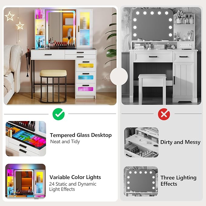 Makeup Vanity Desk with Mirror and RGB Lights,Glass Top Vanity Table with Wireless Charging & Stool,Vanity Set with 6 Drawers & Storage Cabinet & Makeup Organizer，Bedroom（White）