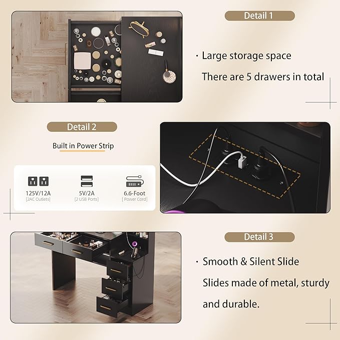 Makeup Vanity with Lights & Charging Station, Black Vanity Table with 5 Drawers & Open Storage Shelves, Bedroom Makeup Dressing Table Set for Women Girls Golden Handles