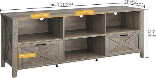 DWVO 70 Inch Farmhouse TV Stand with LED Lighting, Fits TVs up to 80 Inches, Media Console with Storage and Customizable Divider, Entertainment Center for Living Room (Grey)