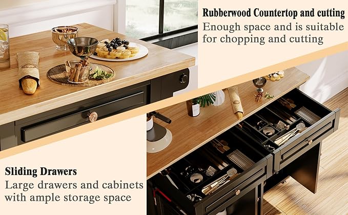 51.2'' Rolling Kitchen Island Cart with Drop Leaf Countertop, Kitchen Carts on Wheels with Storage, 2 Drawers, Towel Rack Island for Dining Room, Black