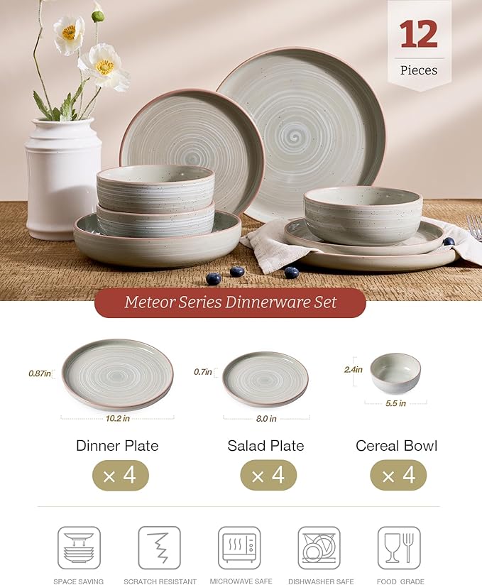 Famiware Meteor Plates and Bowls Sets for 4, 12 Pieces Dinnerware Sets, Microwave and Dishwasher Safe Dishes Set, Matcha Green