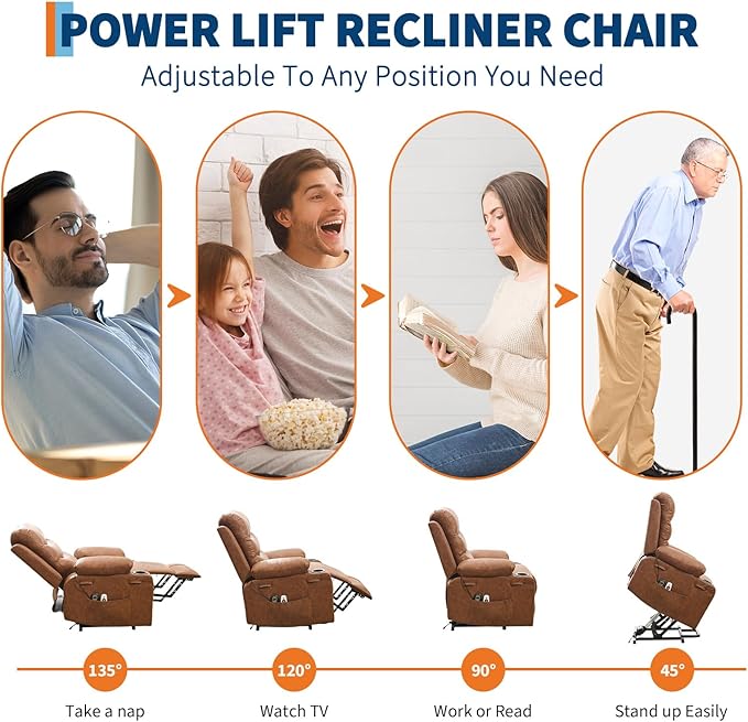 Power Lift Recliner PU Chair for Elderly, with Massage & Heat, Big and Tall Living Room or RV Single Sofa for Adults, 135° Reclining Accent Chairs, 2 Cup Holders and Side Pockets (Brown Leather)