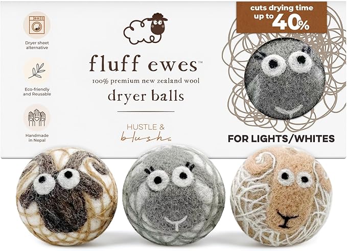 Fluff Ewes Wool Dryer Balls 3 Pack Premium New Zealand Wool Laundry Balls for Dryer, No Static Dryer Balls Laundry Reusable Cute - XL Wool Dryer Balls Cute, Baby Dryer Balls for Dryers - Lights