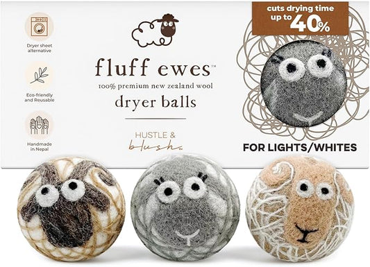 Fluff Ewes Wool Dryer Balls 3 Pack Premium New Zealand Wool Laundry Balls for Dryer, No Static Dryer Balls Laundry Reusable Cute - XL Wool Dryer Balls Cute, Baby Dryer Balls for Dryers - Lights
