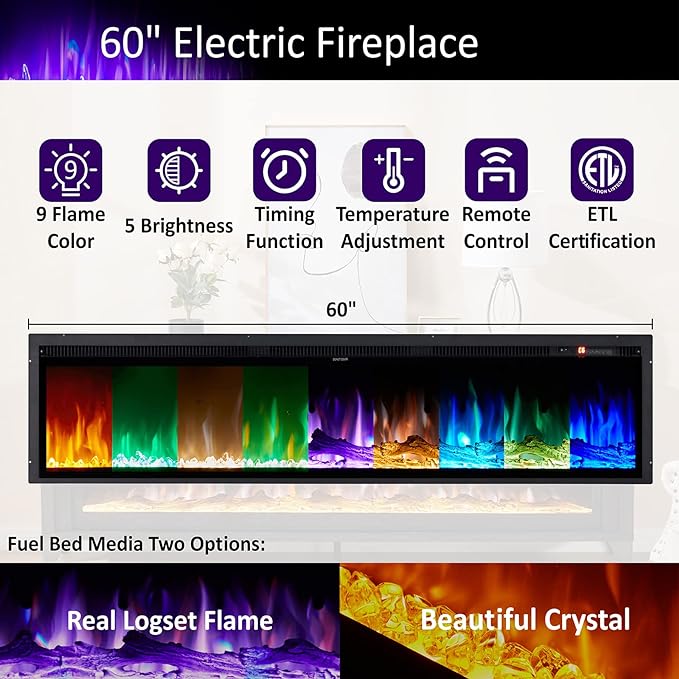 AMERLIFE 65" Fireplace TV Stand with 60" Glass Electric Fireplace, Industrial & Farmhouse Media Entertainment Center with Open Shelve Storage for TVs Up to 75", TV Console for Living Room, Gray