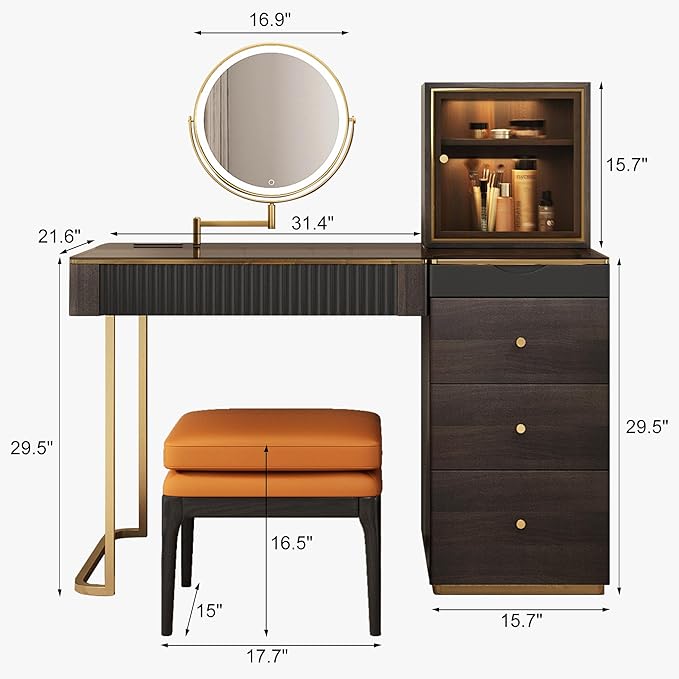 Lartis Vanity with Mirror and Lights Makeup Vanity Table with Stool, 47 inch Black Dressing Table with Dimmable LED Mirror, Ample Storage, Convenient Power Access, Easy Assembly