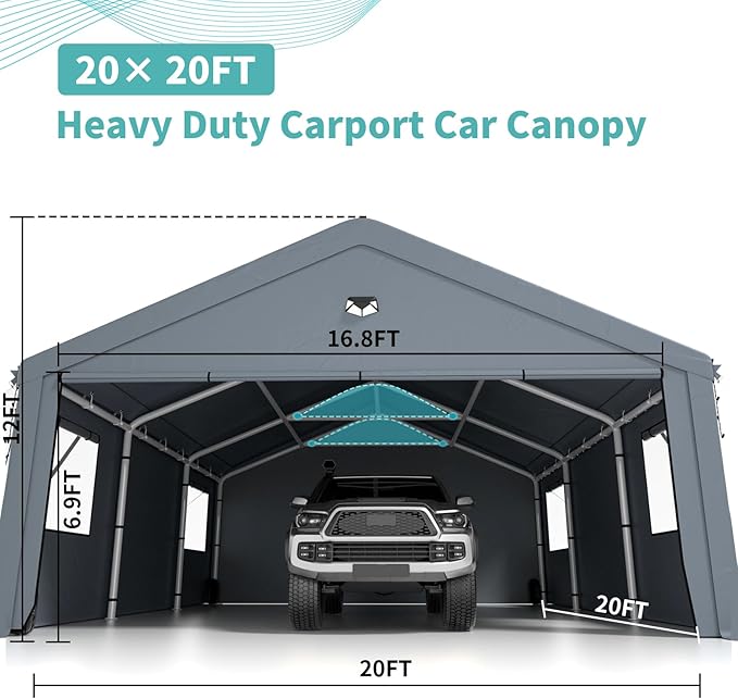 2 Car Carports 20X20 Heavy Duty，Car Ports with 180G Removable Side Walls, Carport Canopy, Portable Car Port Garage, Car Shelter All Weather,Grey