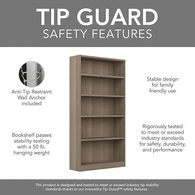 Bush Furniture Universal Tall 5 Shelf Bookcase in Ash Gray