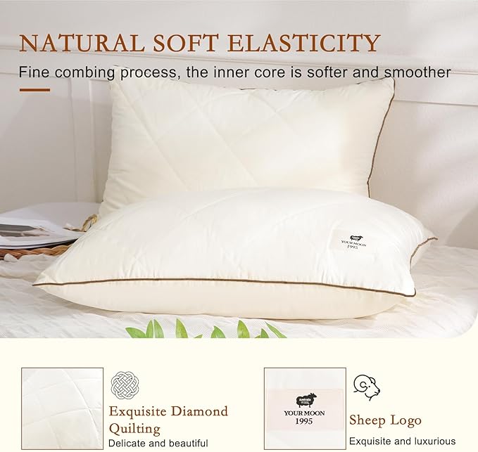 YOUR MOON Standard Size Organic Wool Pillow, Soft Support Bed Pillows for Sleeping, Natural Wool Filling, Luxury Down Alternative Pillow for Side & Back Sleepers, 100% Cotton Cover (Beige)