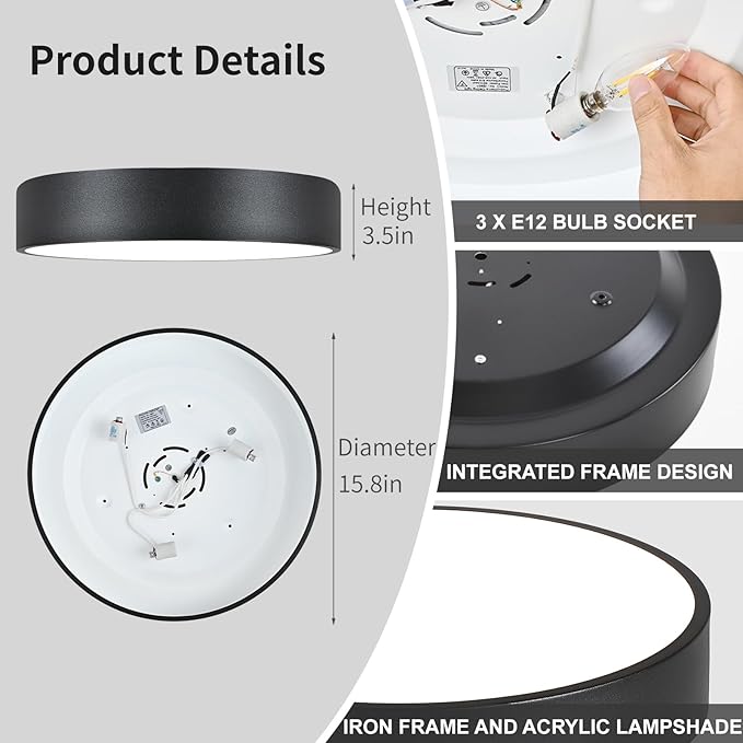 15.8 Inch Black Flush Mount Ceiling Light Fixture, 3-Light Minimalist Close to Ceiling Lights, Industrial Ceiling Lamp for Hallway, Kitchen Island,Balcony, Bathroom,Laundry, Porch, Foyer