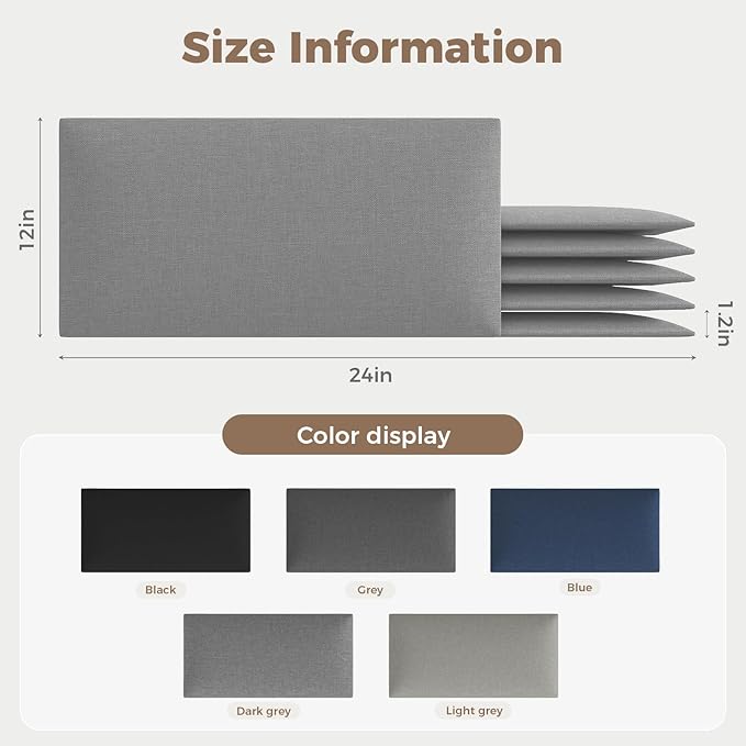 Classic Gray Linen-Upholstered Headboard 24x12 Inch 12-Panel Set - Modular Wall-Mounted or Freestanding Design for Queen/King Beds, Premium Linen Fabric