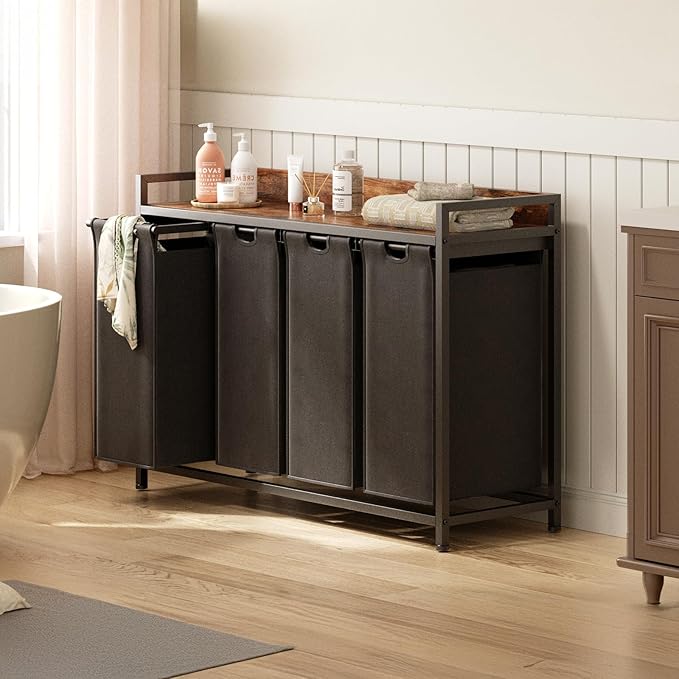 Laundry Hamper with Shelf, Laundry Basket 4 Section, Laundry Sorter with Pull-Out Removable Large Bags and Movable Wheels, Metal Frame, 4 x 15.87 Gallons (60L), Rustic Brown + Blck PF07XLY