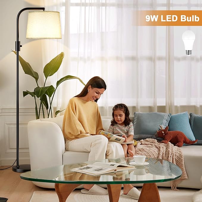 Ambimall Fully Dimmable Floor Lamp - Floor Lamps 9W LED Light Bulbs, Standing Lamps for Living Room with Adjust Head, Modern Standing Light Rotary Switch, Tall Lamp for Bedroom (Black and Linen Grey)