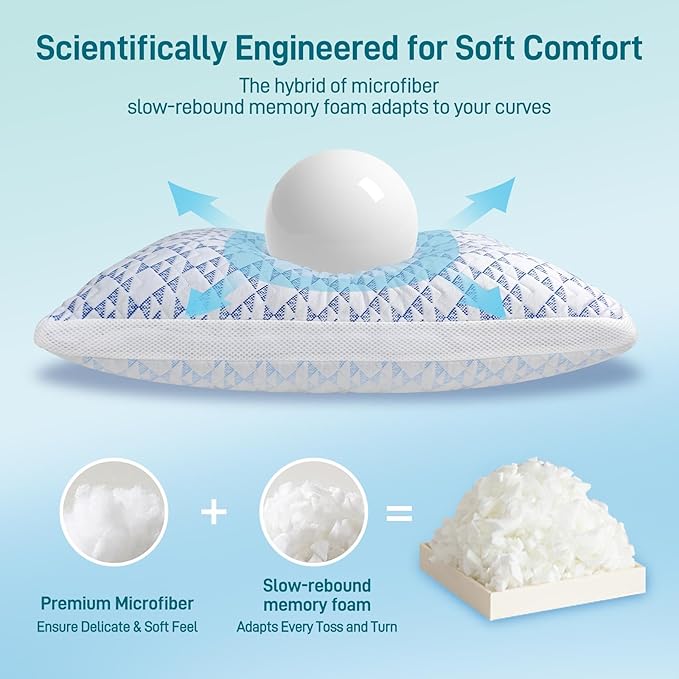 Shredded Memory Foam Cooling Soft Bamboo Viscose Pillows Queen Size Set of 2, Adjustable Hypoallergenic Hotel Quality Bed Pillows for Side, Stomach and Back Sleeper, Oeko-TEX Certified