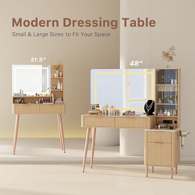 48" Fluted Makeup Vanity Desk with 36" Mirror and 3 Modes Lights, Glass Top Dressing Table with Jewelry Organizer Cabinet, Storage Cabinet, 3 Drawers, Charging Station for Bedroom, Oak