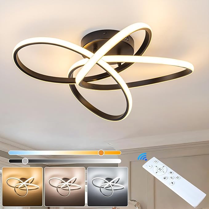 Modern LED Chandelier, 50W LED Ceiling Light with Remote Control, 3000-6000K Color Temperature Changing, Balck Chandelier for Bedroom, Entryway, Hallway, Kitchen