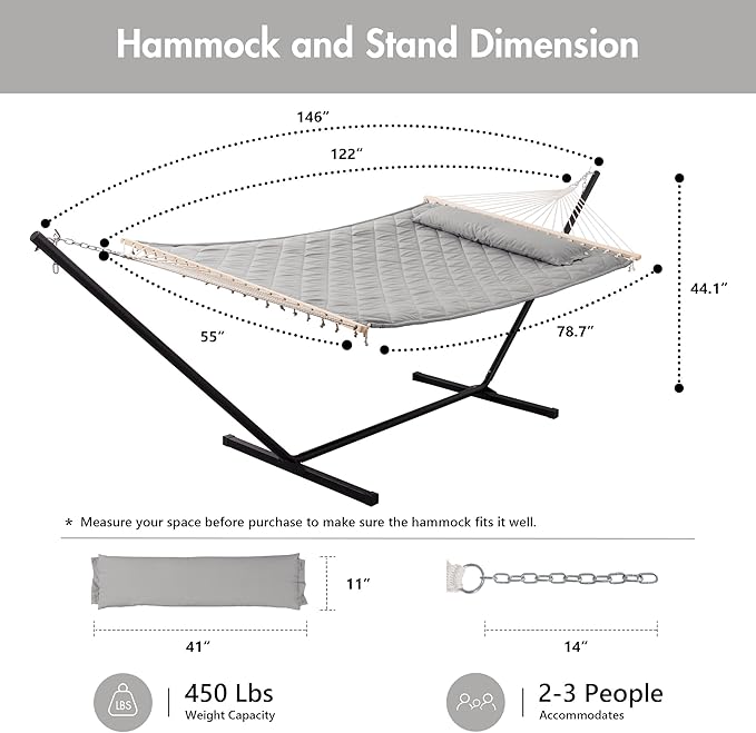 ANOW Double Hammock with Stand 12FT, Heavy Duty Hammocks with Stand for Outdoors, 450 LBS Weight Capacity, Light Gray