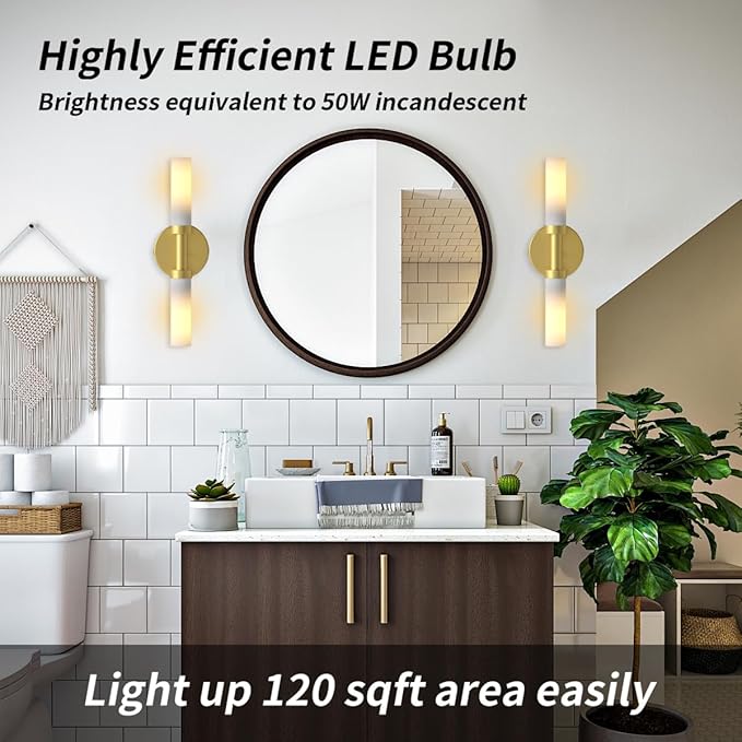 Rechargeable Battery Operated Wall Sconce, Dimmable Vanity Light with Touch Control, Wireless Bathroom Lights Over Mirror, Wall Light for Living Room Hallway Indoor, Gold & Frosted Glass