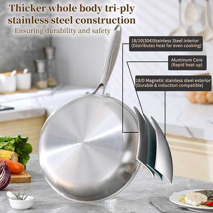 DELARLO Tri-ply Stainless Steel Kitchen Cookware Frying Pan Set with Lid 10.5" 12.5" Induction large Skillets Chef's Pan,Pots and Pans Set Kitchen Cookware Set Suitable for All Stove