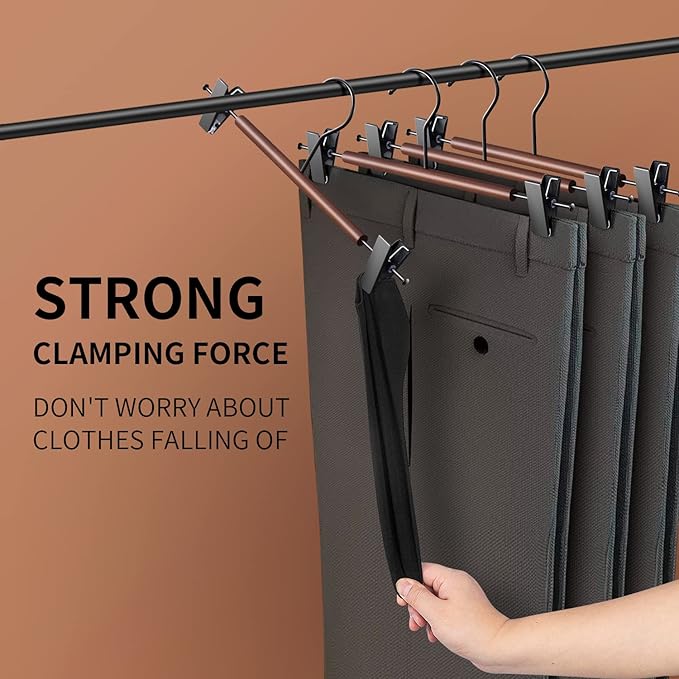 Wooden Pants Hangers with Clips 20 Pack Adjustable Wood Skirt Hangers for Women Space Saving Clothes Hanger Jeans Trousers Hanger for Closet Non Slip,Brown