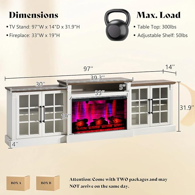 AMERLIFE 97" Farmhouse Fireplace TV Stand, Entertainment Center with Large Storage Space and Adjustable Shelf, Media Console for Living Room, White/Barnwood