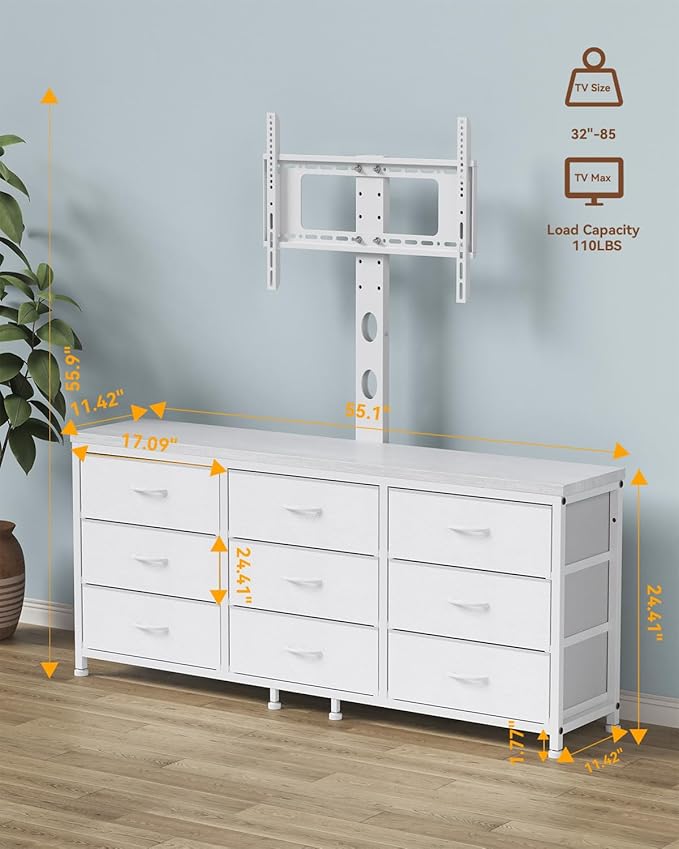 TV Stand with Mount for 32/55/65/75/85 inch TVs, Entertainment Center with 9 Fabric Drawers Dresser Storage, Height Adjustable Media Console