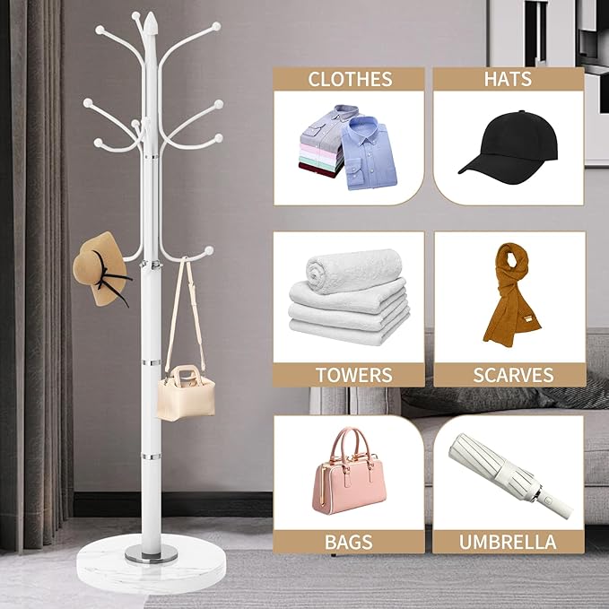 Metal Coat Rack Stand, Modern Freestanding Coat Rack with Natural Marble Base, White Coat Racks and Coat Hall Tree Hanger Stand with 12 Hooks for Entryway, Hallway, Office