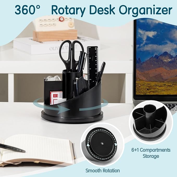 deli Office Supplies Set, 1045 Pcs-Desk Accessory Organizer Kit, Stapler Set, Rotating Multi-Functional Pen Holder, Tape Dispenser, Pens, Binder Clips, Sharpener, Scissor, Eraser, Black