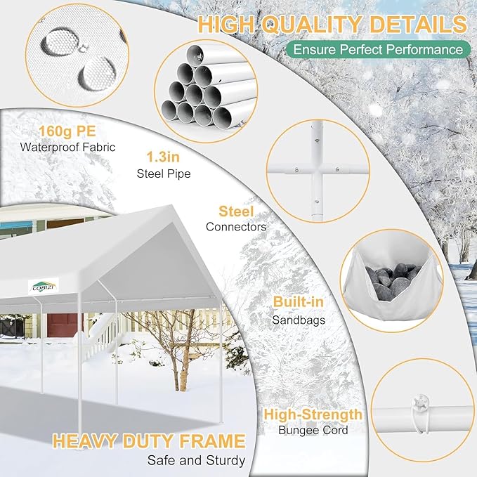 COBIZI Carport 12x20ft Heavy Duty Portable Garage, 2.0 Powder Coated Frame(Better Than Galvanized), Waterproof Shelter with Built-in Sandbags, for Car/Boat/SUV, White