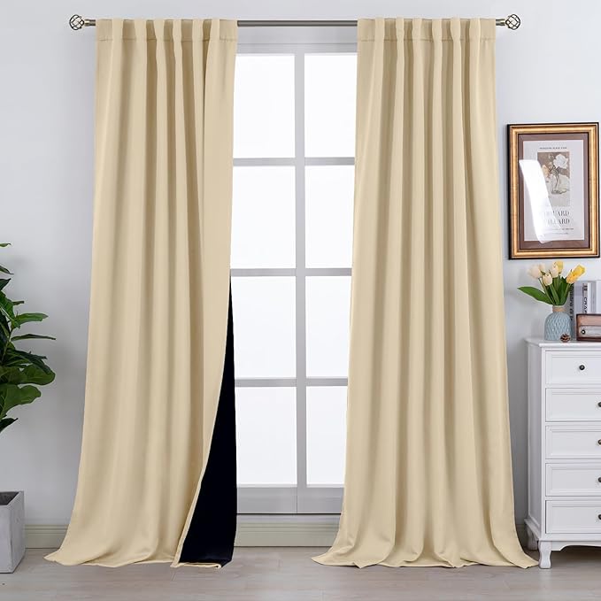 BGment Natural Full Blackout Curtains with Thermal Insulation Liner Curtains 108 Inches Long, Rod Pocket and Back Tab Double Layer Room Darkening Window Curtain for Bedroom(52 x 108 Inch, 2 Panels)