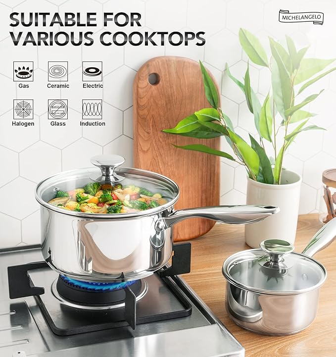 MICHELANGELO 1.5 Quart Saucepan with Lid, Triply Thick Bottom Sauce Pan Stainless Steel Saucepan 1.5 QT, Nonstick Sauce Pot, Induction Compatible