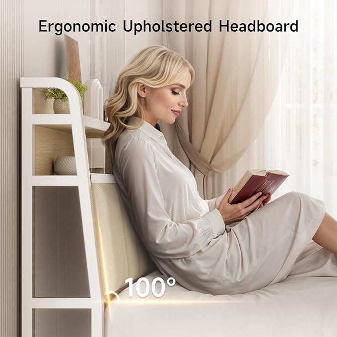 Ergonomic Headboard for Queen Size Bed with 2-Tier Storage, Upholstered Headboards with Outlets, USB Ports, LED Light, Queen Head Board Only, Height Adjustable, Sturdy and Stable, White