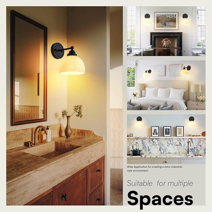 Vintage Wall Sconce 1-Light with White Striped Glass Globe Shade, Indoor Wall Mounted Lamp Fixture for Living Room Bedroom Kitchen Hallway