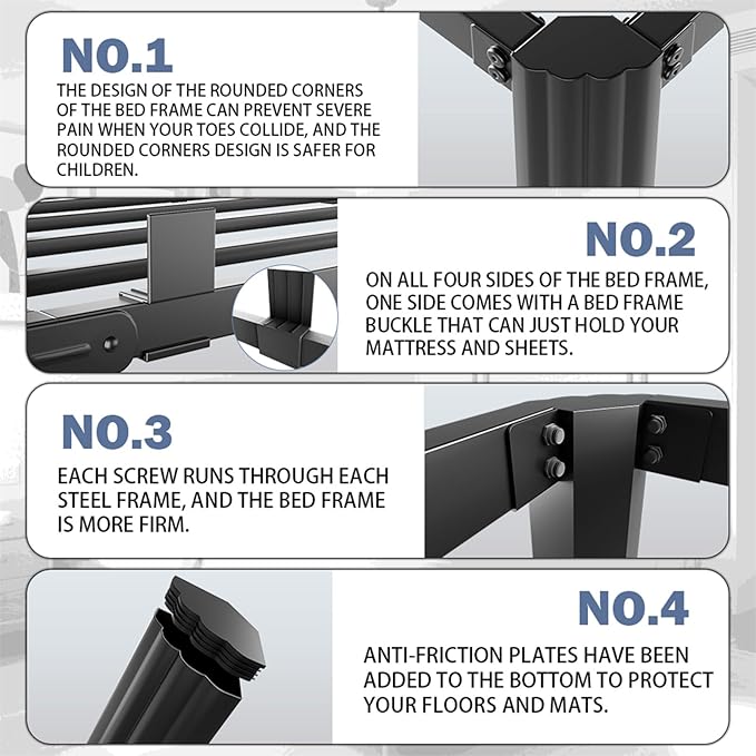 14 inch Metal Queen Bed Frame with Rounded Corner and Headboard Hole Mattress Retainers 3500LBS Heavy Duty Steel Slats No Box Spring Needed Platform Noise-Free Easy Assembly Queen Bed Frames