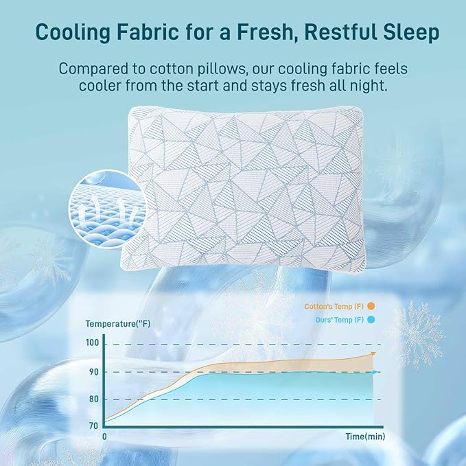 Shredded Memory Foam Cooling Soft Bamboo Viscose Pillows Queen Size Set of 2, Adjustable Hypoallergenic Hotel Quality Bed Pillows for Side, Stomach or Back Sleeper, Oeko-TEX Certified