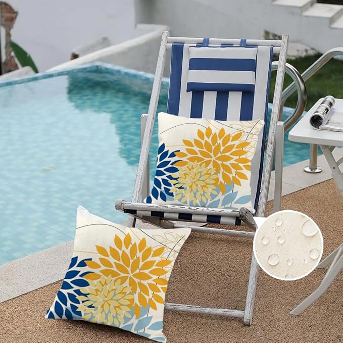 RABUSOFA Outdoor Pillow Covers 18x18 Inch Set of 2 Yellow Blue Flower Decorative Waterproof Spring Summer Floral Outdoor Cushion Covers for Patio Funiture Garden Couch Decor