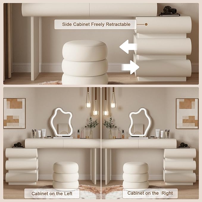 Makeup Vanity Desk with Lighted Mirror and Stool, Faux Leather Upholstered Finish, Modern Dressing Table with 5 Drawers for Bedroom and Makeup Room, Easy Assembly, White