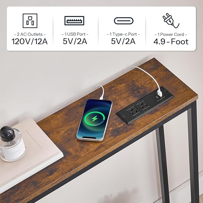 HOOBRO 70.9" Extra Long Sofa Console Table with Charging Station, 2-Tier Behind Couch Table with V-Brace, for Narrow Entryway, Hallway, Living Room, Rustic Brown BF186UXG01