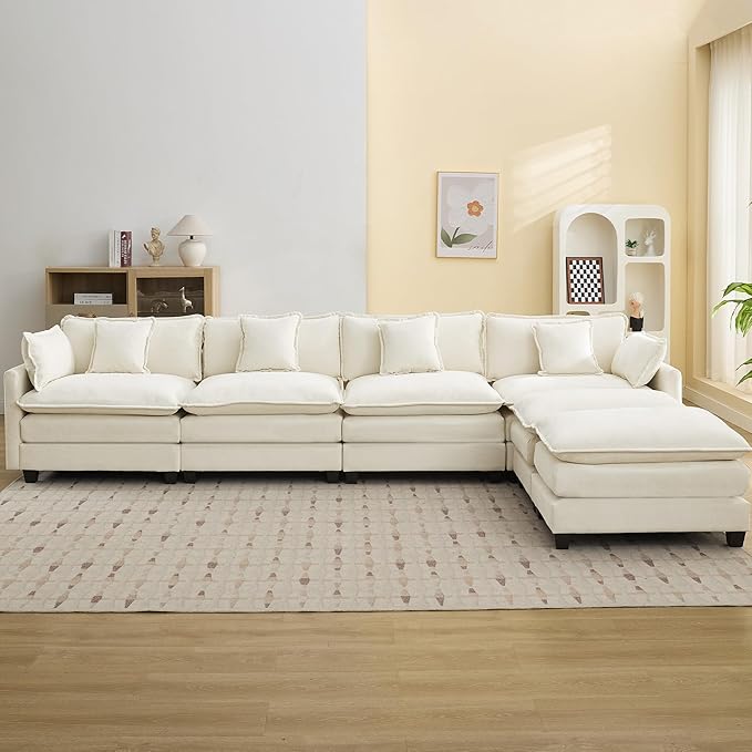 147'' Sectional Cloud Deep Seat Couch, Oversized Chenille U Shaped Sectional Sofa for Living Room Set, Comfy Upholstered Modular Sectional Sofa Couch with 2 Movable Ottoman, Beige